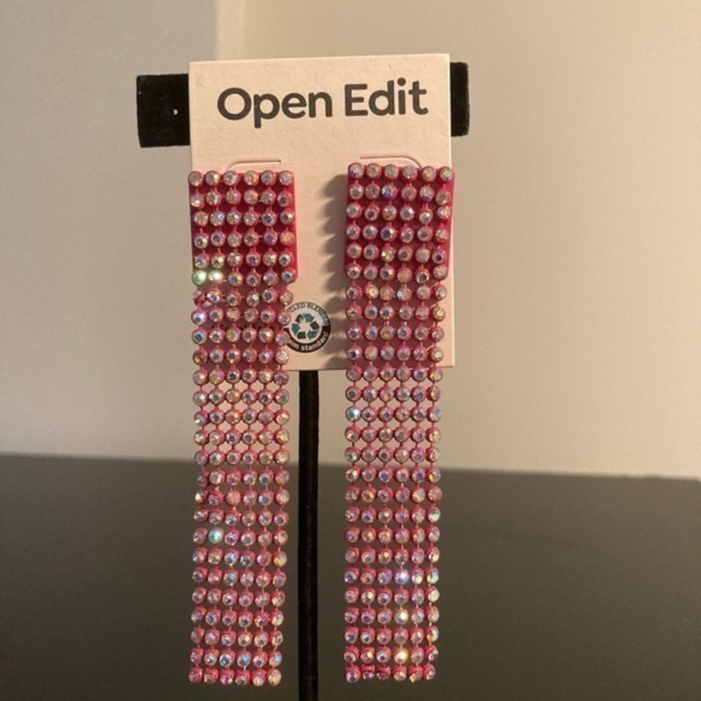 Open Edit long pink rhinestone sparkly earrings.